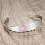 MD0990-SBP Lymphedema Alert No BP IV Medical ID Pink Ribbon Cuff Bracelet (Silver)