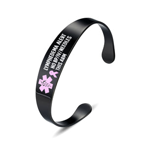 MD0990-BLKBP Lymphedema Alert No BP IV Medical ID Pink Ribbon Cuff Bracelet (Black)