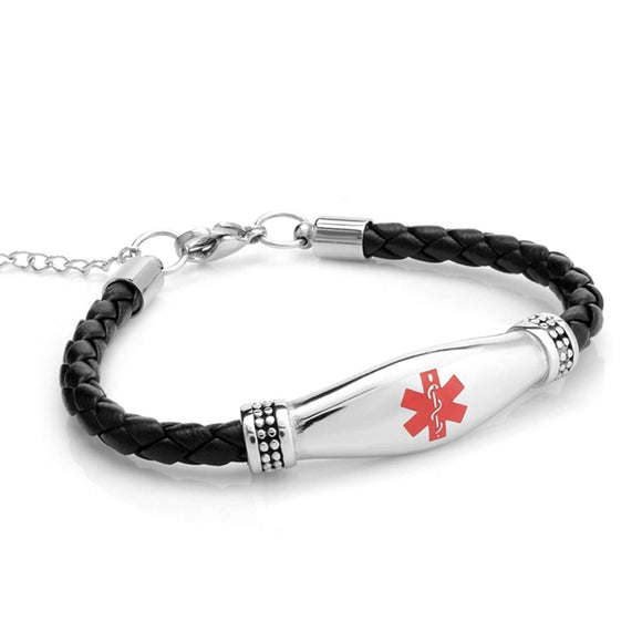 MD1199BLK CUSTOM ENGRAVE Medical ID Stainless Steel Black Leather Bracelet