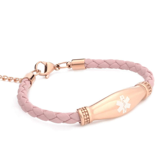 MD-1199PNB NO BP IV Needles Medical ID Rose Gold Pink Leather Bracelet