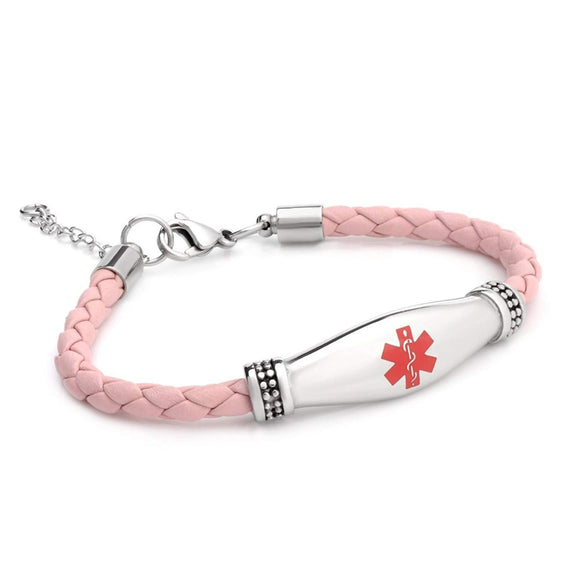 MD1199PK CUSTOM ENGRAVE Medical ID Stainless Steel Pink Leather Bracelet