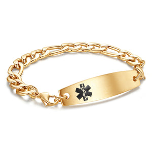 MD1351-G Medical Alert ID Gold Stainless Figaro Chain Bracelet CUSTOM ENGRAVE