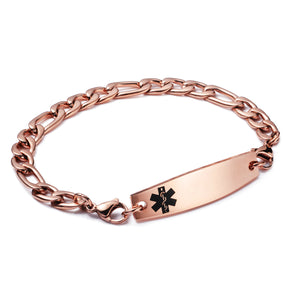MD1351-RG Medical Alert ID Rose Gold Stainless Figaro Chain Bracelet CUSTOM ENGRAVE