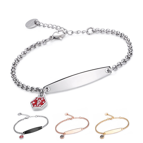 MD1354 Stainless Simple Rolo Chain & Medical Charm Bracelet Custom Engrave