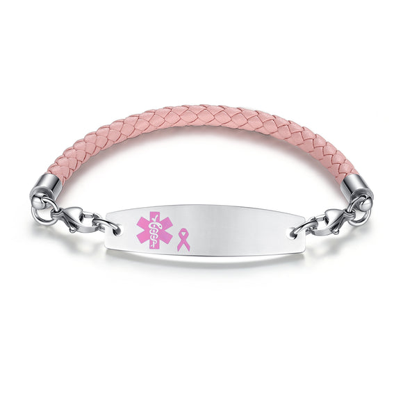 CK19PK-NBP Pink Leather Bolo Bracelet With Medical Alert No BP IV Tag