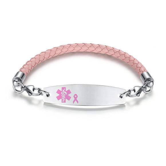 CK19PK-PR Pink Leather Bolo Bracelet With Lymphedema Alert No BP IV Tag