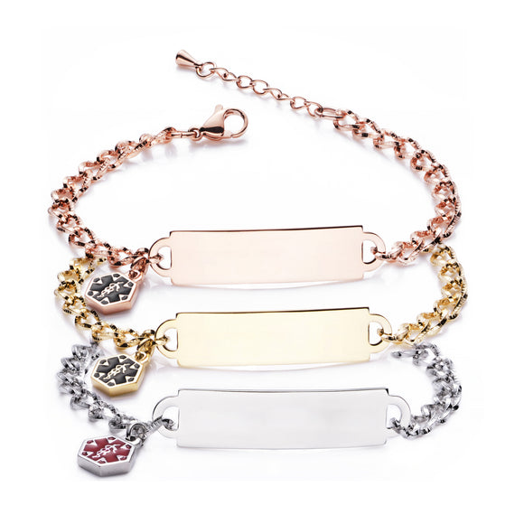 MD1367 Silver, Rose or Gold Stainless With Diamond Cut Chain & Medical Charm Custom Engrave