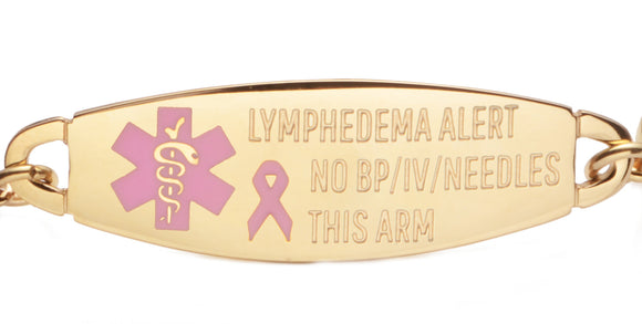 TAG-1374  Gold, Rose, or Silver Lymphedema Alert No BP Pink Ribbon Medical ID TAG
