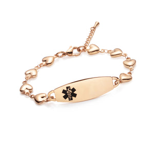 MD1374-RG Medical Alert ID Rose Gold Stainless Heart Chain Bracelet CUSTOM ENGRAVE