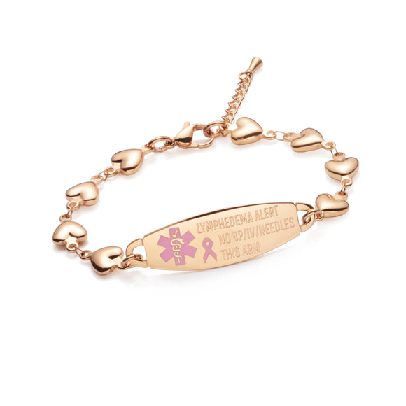 MD1374RGNOBP Lymphedema Alert NO BP/IV Needles Heart Link Bracelet Rose Gold