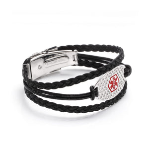 MD1376 Triple Black Leather Rope Band Medical Alert Id Bracelet CUSTOM ENGRAVE