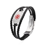 MD1376 Triple Black Leather Rope Band Medical Alert Id Bracelet CUSTOM ENGRAVE