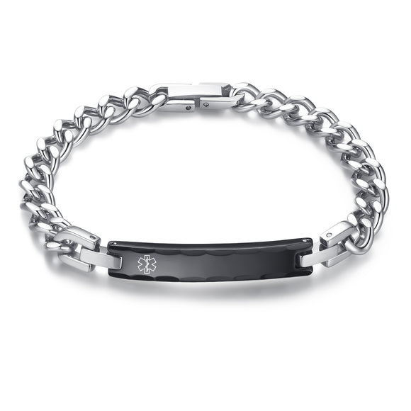 MD1407-F Ladies Stainless Steel Black Plate Link Medical Bracelet CUSTOM ENGRAVE