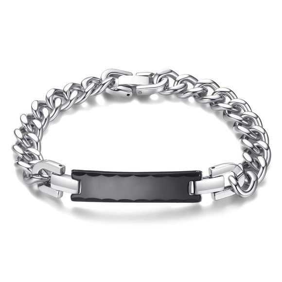 ID1407-M Mens Unisex Stainless Steel Black Plate Link Bracelet CUSTOM ENGRAVE
