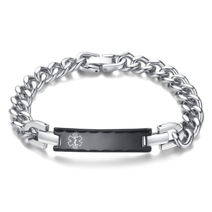 MD1407-M Mens Unisex Stainless Steel Black Plate Link Medical Bracelet CUSTOM ENGRAVE