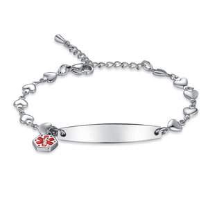 MD1414 Stainless Heart Chain & Medical Charm Bracelet 4 Colors! Custom Engrave