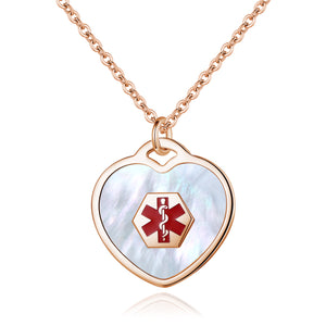 SP0167-MOP-RG  Rose Gold Heart Charm Medical ID Alert Necklace Custom Engrave