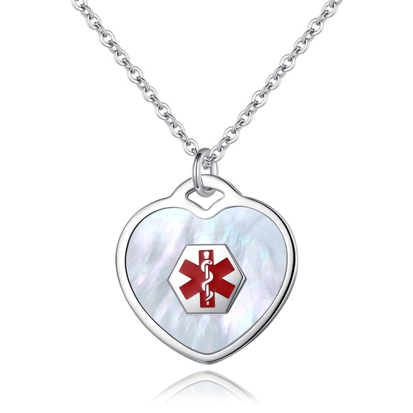 SP0167-SS MOP Heart Charm Medical ID Alert Necklace Custom Engrave