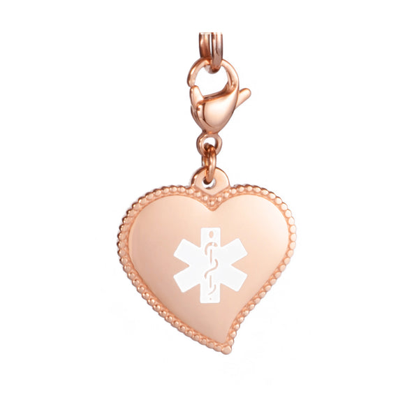 SP0176 Silver, Rose Gold, Gold Stainless Steel Medical ID Heart Charm CUSTOM ENGRAVE
