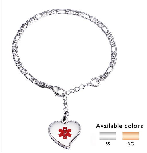 MD1781 Rose Gold or Silver Mini Figaro Chain Heart Medical Id Bracelet CUSTOM ENGRAVE