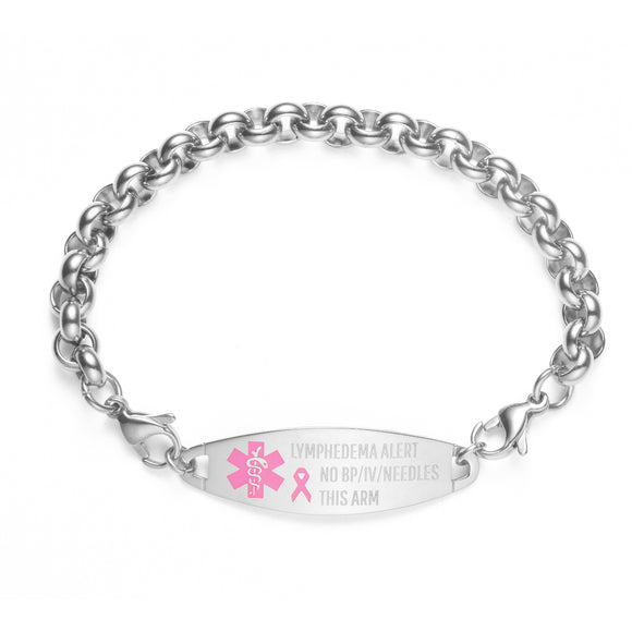 112-1374SS  Silver Stainless Rolo Pink Ribbon Symbol Lymphedema No BP IV Bracelet