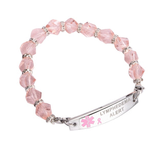 MD-188 Lymphedema Alert No BP Pink Ribbon Beaded Stainless Bracelet