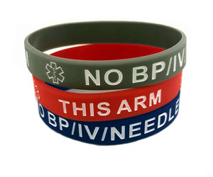 SIL-19 Medical Alert NO BP/IV/Needles This Arm Silicone Bracelet 3 Pc Set - 2 Sizes