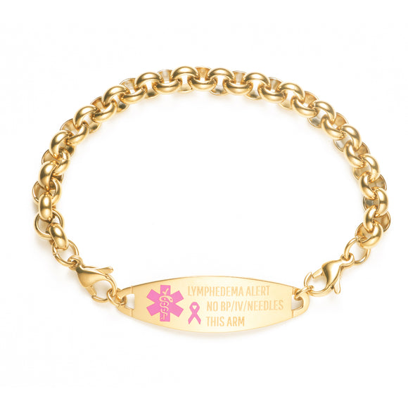 112-1374G Gold Stainless Rolo Pink Ribbon Symbol Lymphedema No BP IV Bracelet