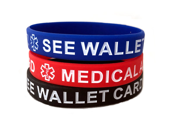 SIL-06 Medical Alert See Wallet Card Silicone Bracelet 3pc Lot